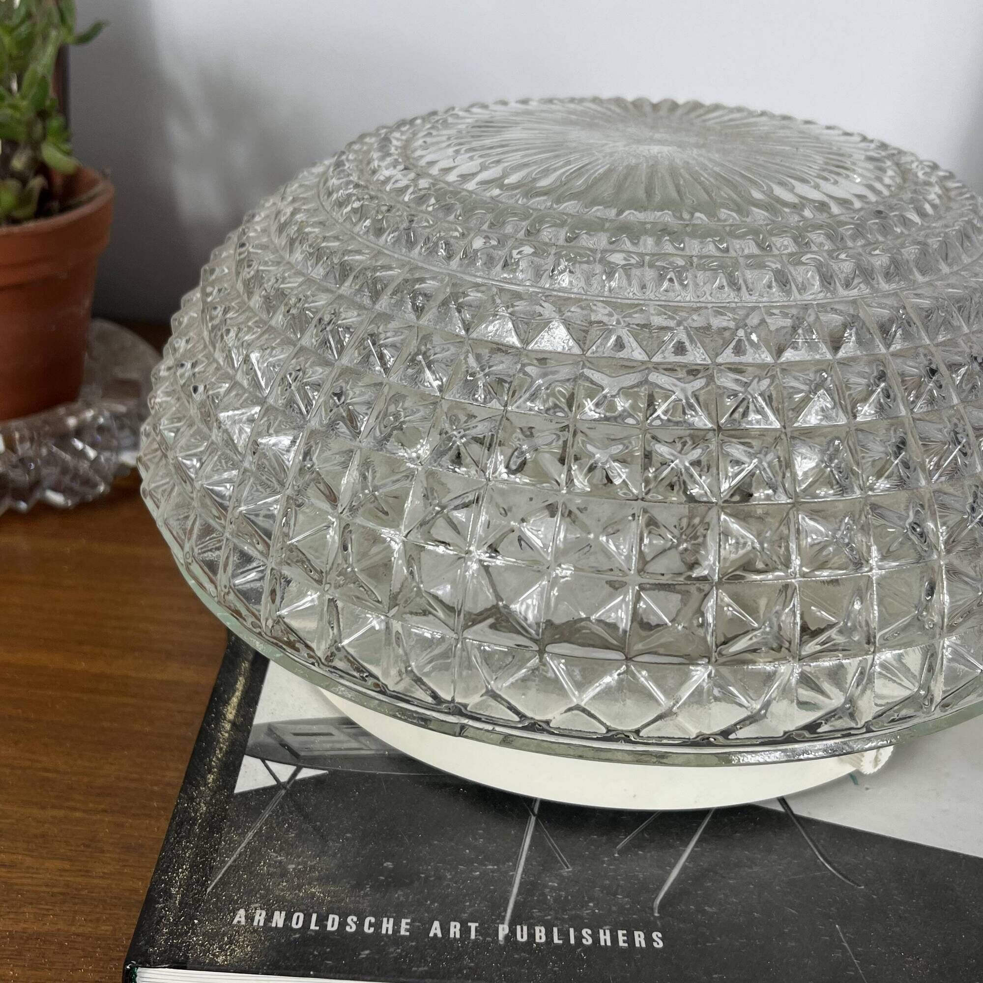 Large round wall lamp ceiling light in transparent vintage glass from the 1970s.