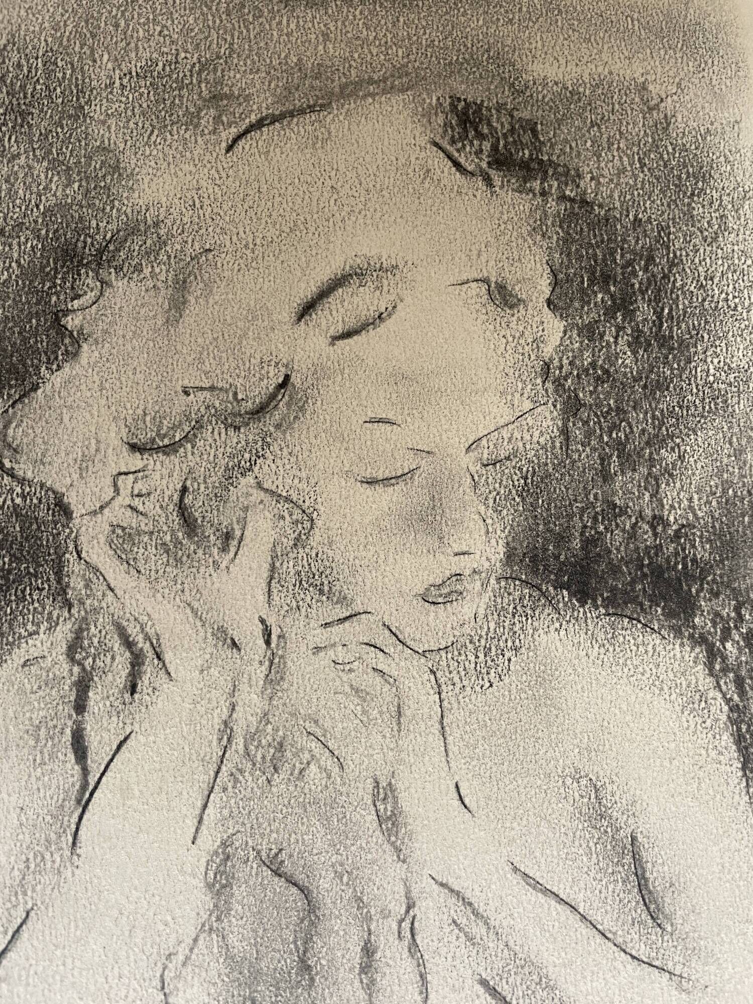 Charcoal painting signed portrait of woman combing her hair