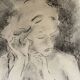 Charcoal painting signed portrait of woman combing her hair
