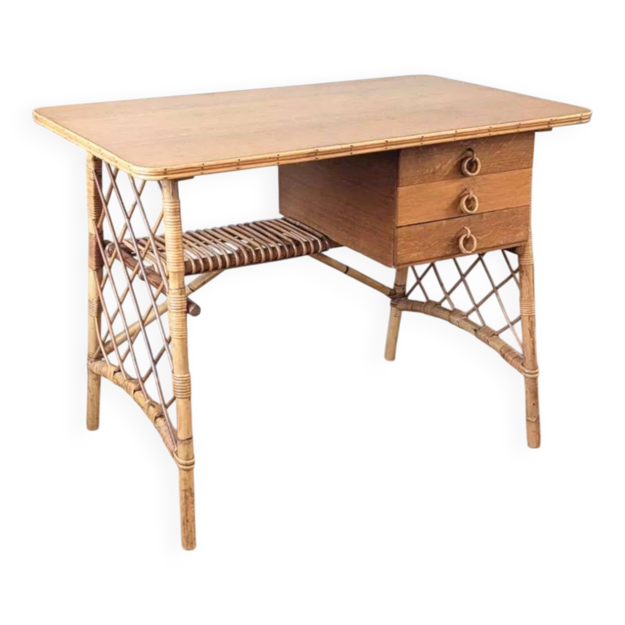 Vintage desk L. Sognot in wood and rattan