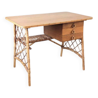 Vintage desk L. Sognot in wood and rattan