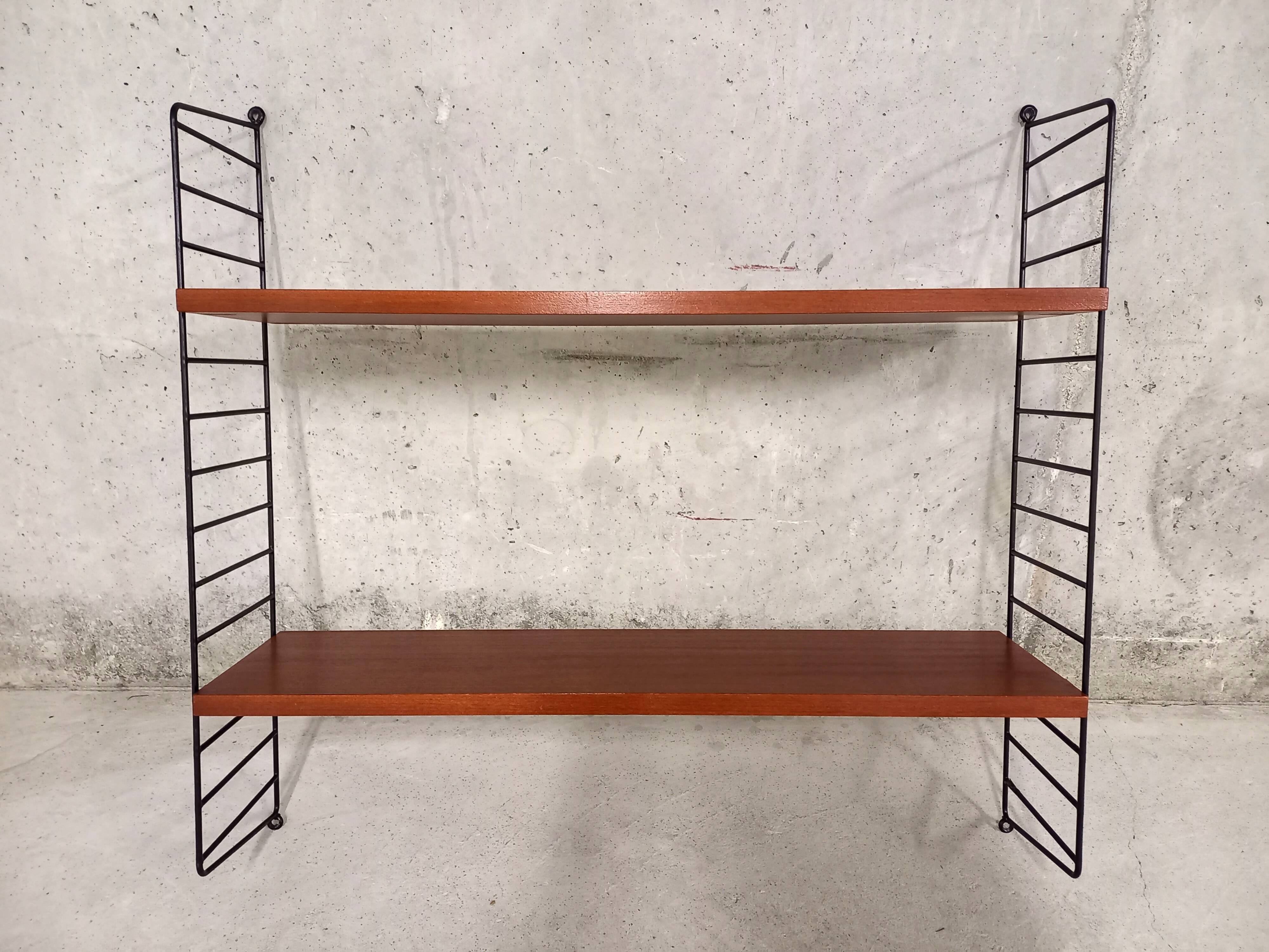Vintage wall shelf in teak and black metal String Tomado style