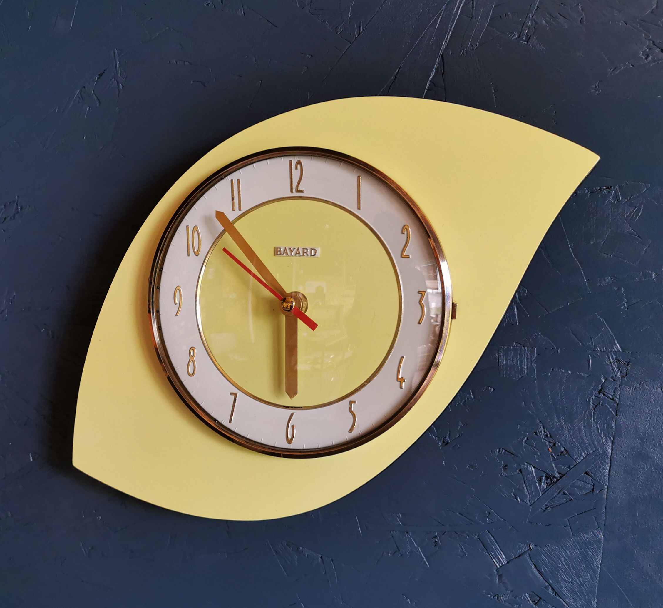 Vintage formica clock asymmetrical silent wall clock "Bayard yellow"