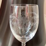 Set of 9 tall twisted and engraved crystal wine glasses