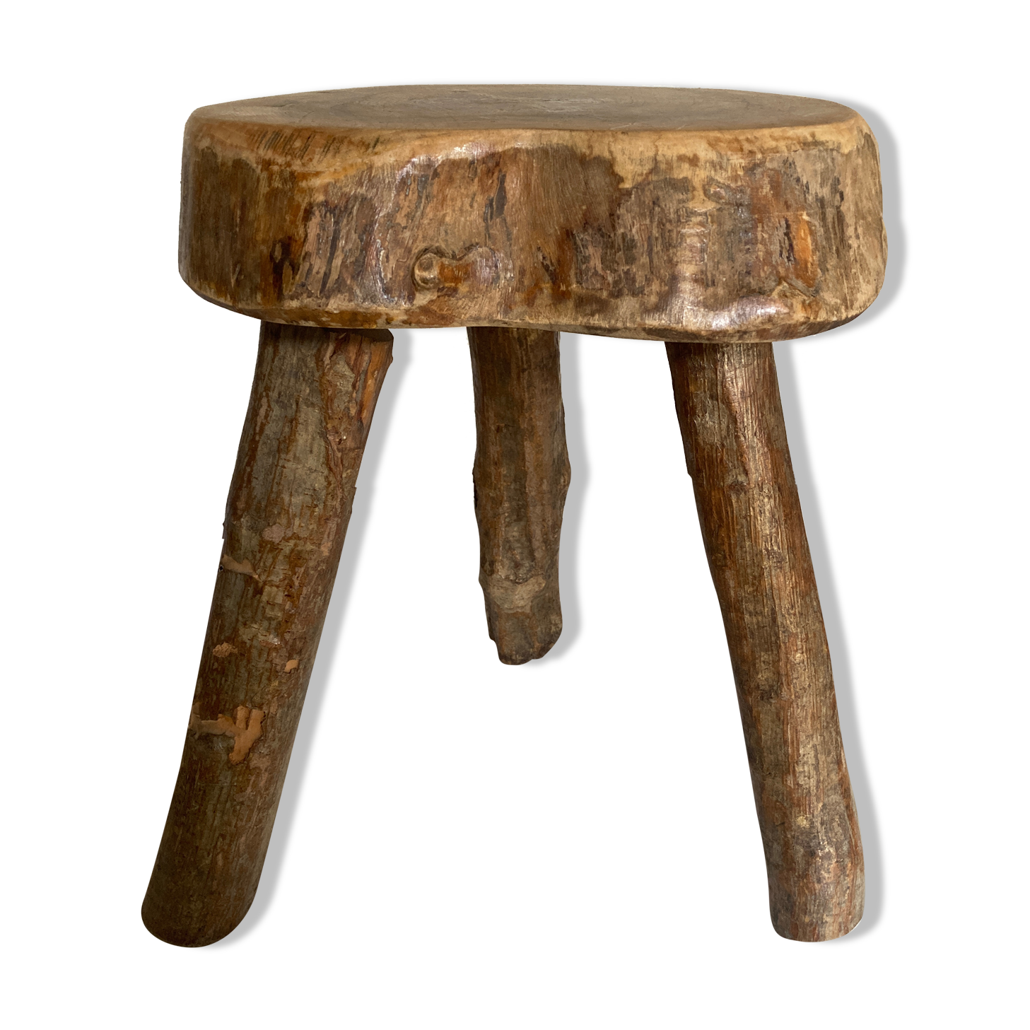 Tabouret de campagne en bois brut d'orme massif