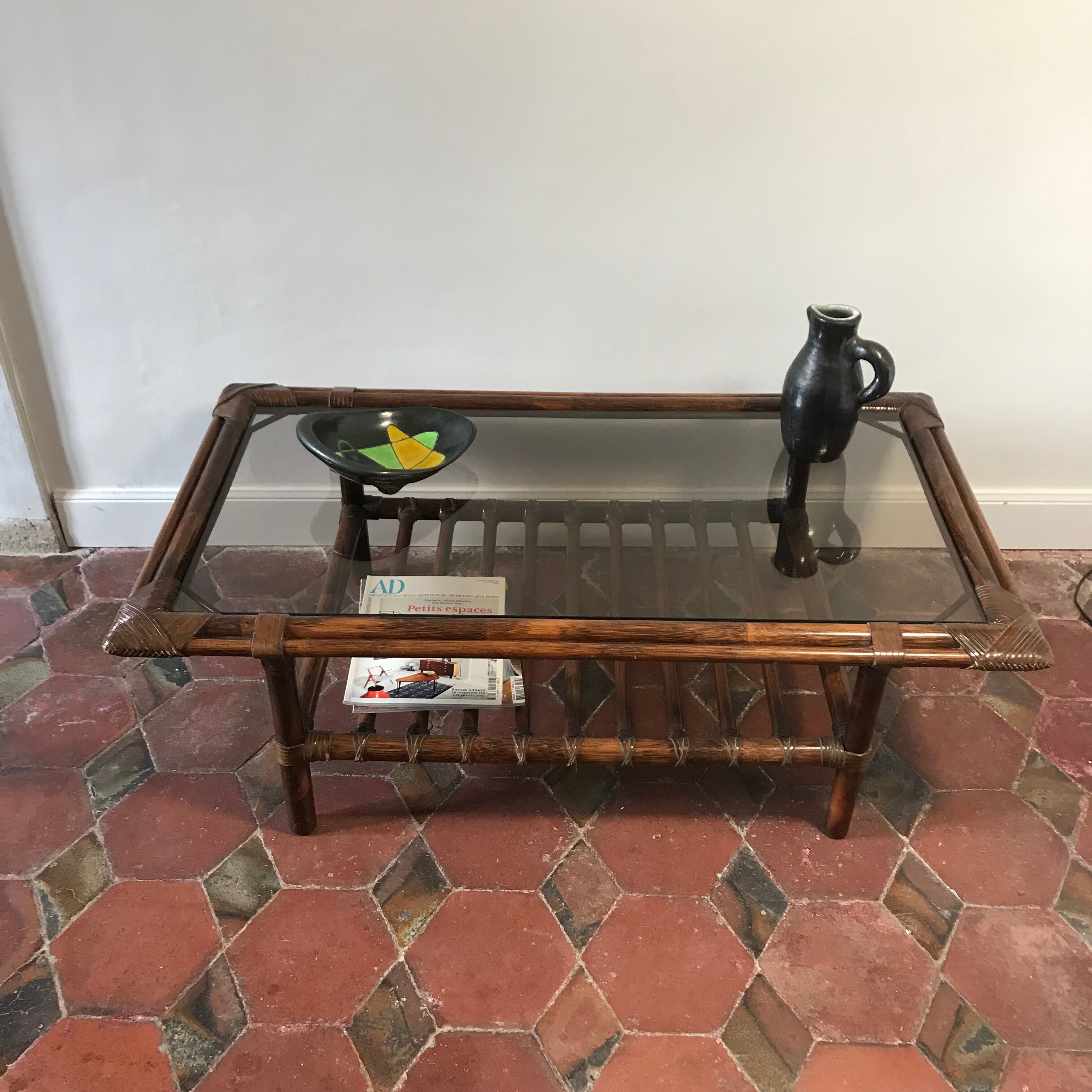Rattan coffee table and vintage leather link 1970