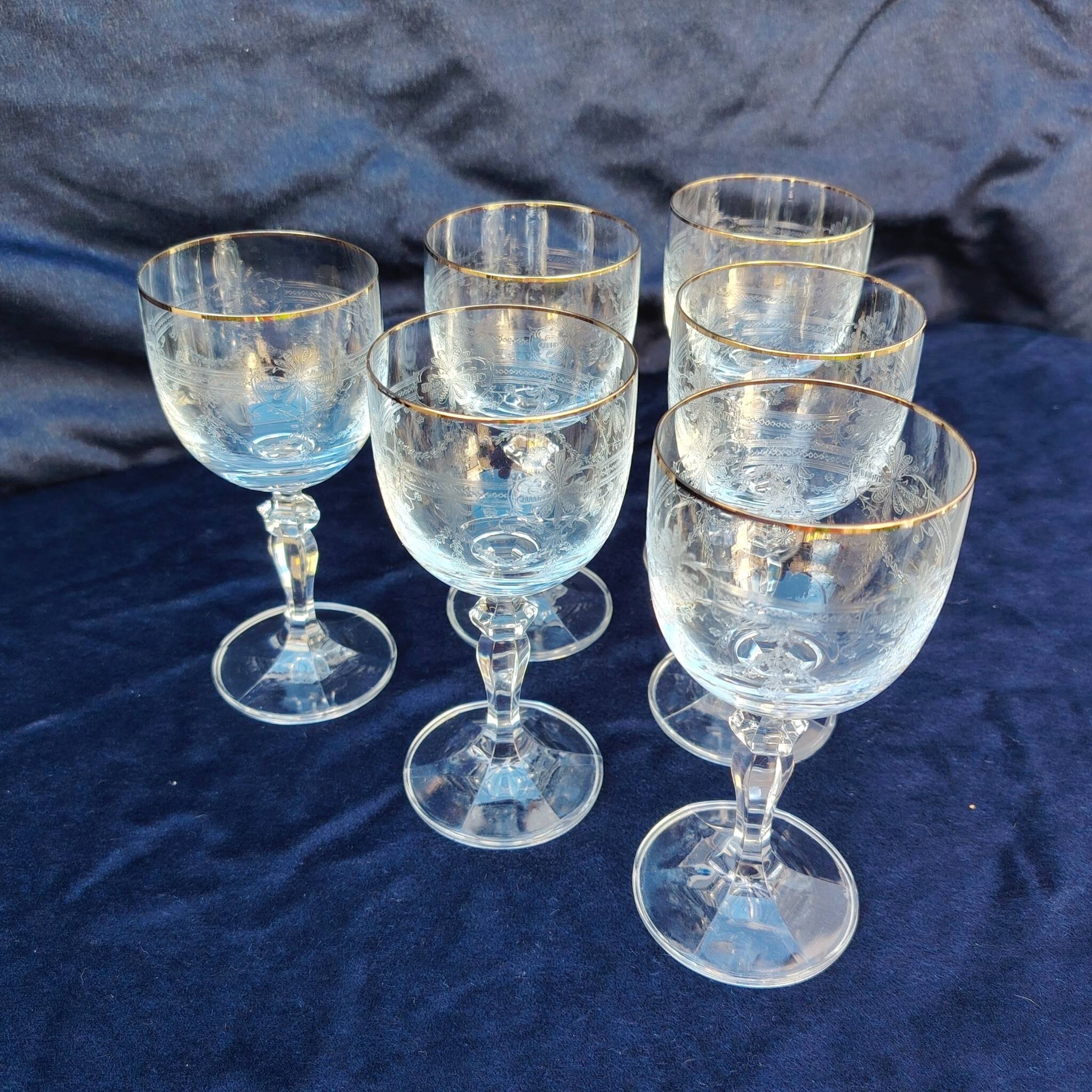 Six vintage wine glasses, cut crystal, gold rim