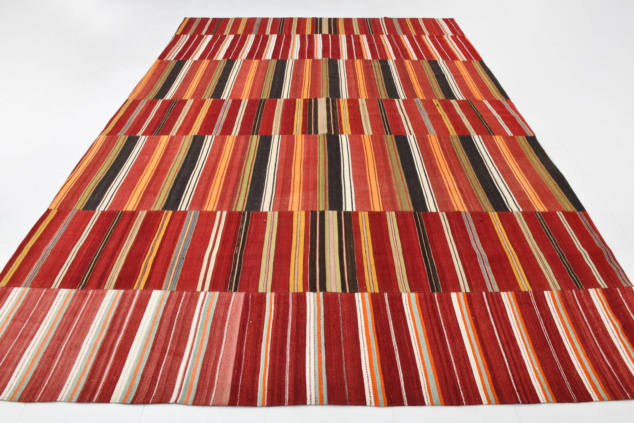 Red & Green Striped Pattern Turkish Kilim Rug, 270x383Cm