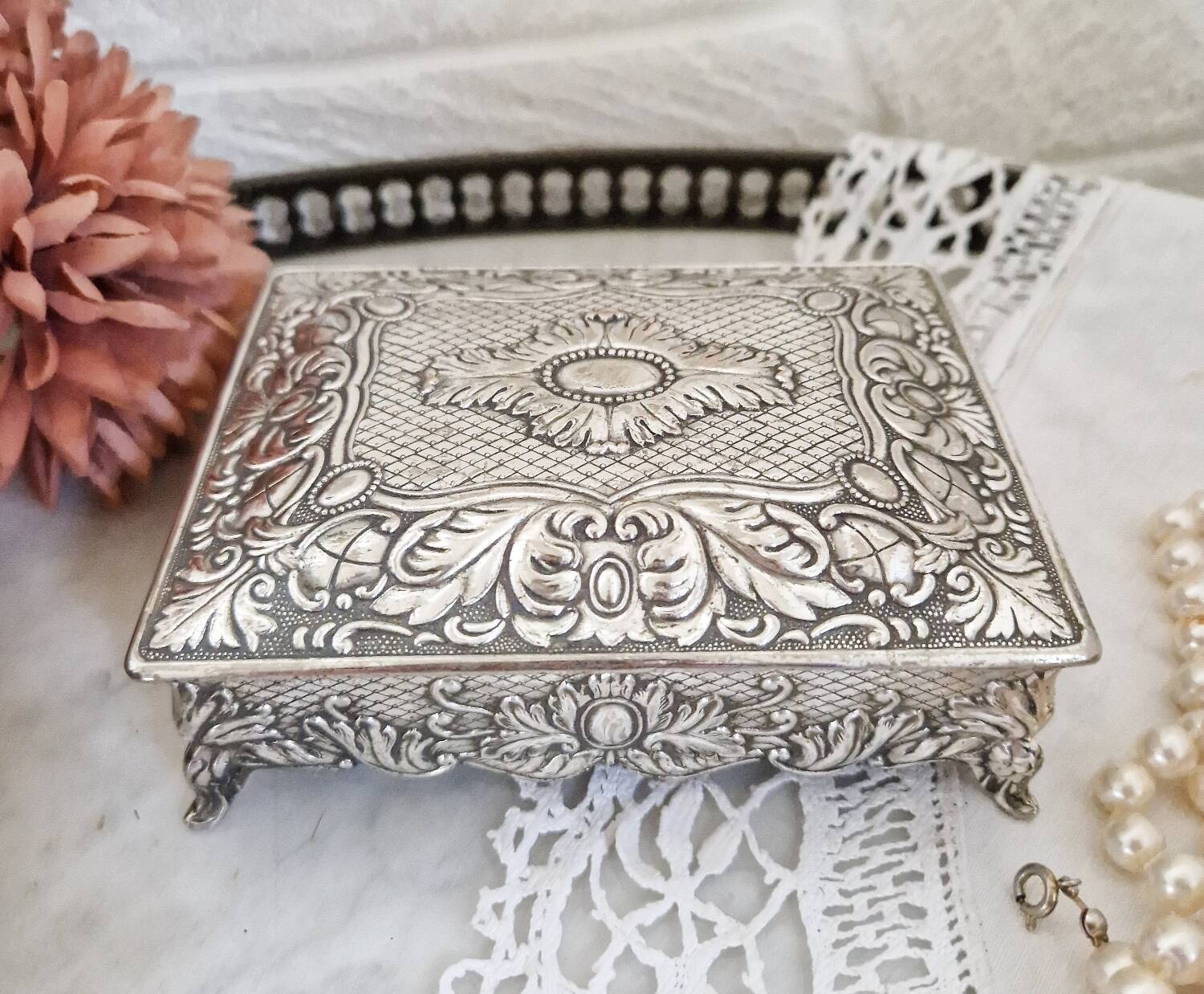 Vintage silver metal jewelry box