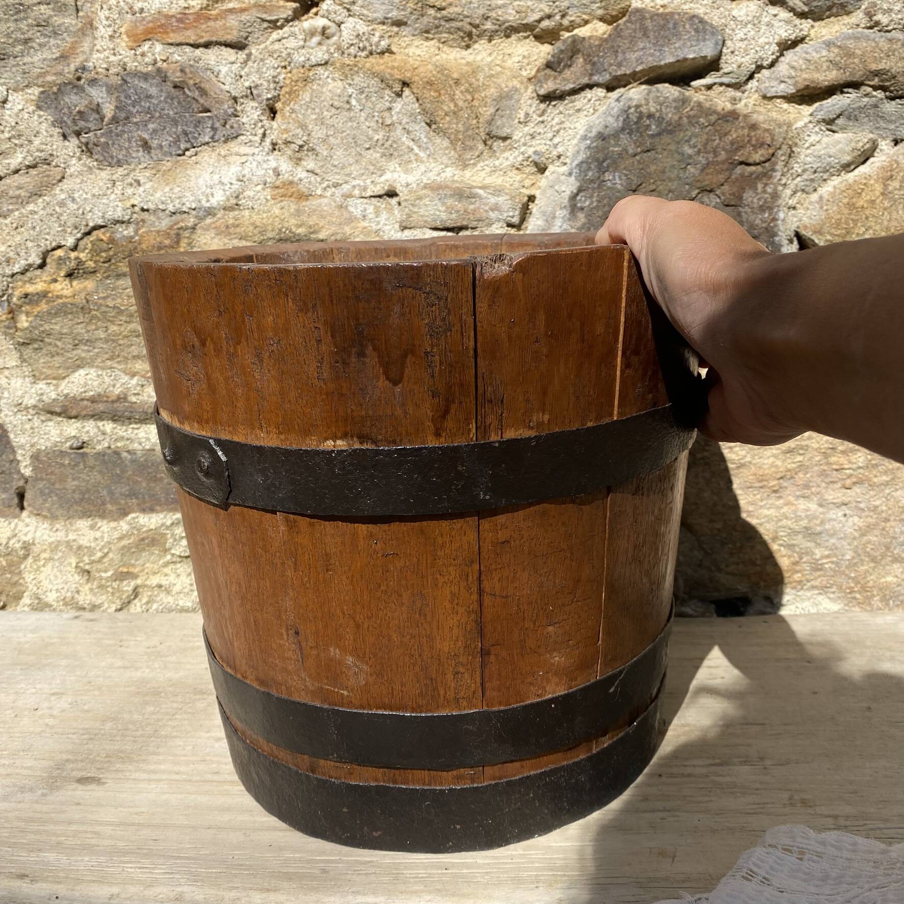 Wood and metal barrel planter