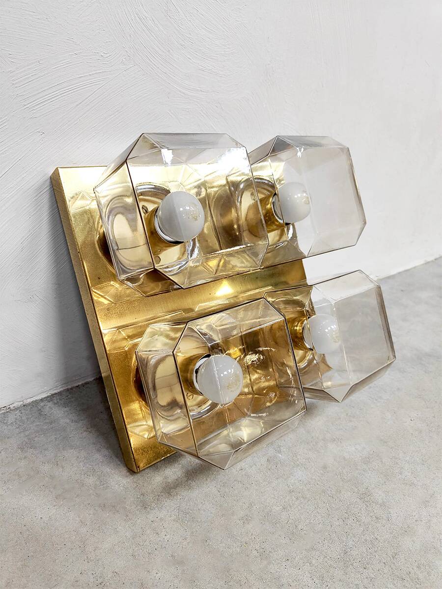 Vintage brass square flush mounts glass ceiling lamp Glashütte Limburg