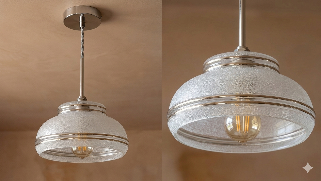 Frosted lampshade with silver trim from the 50s
