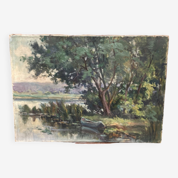 Oil on canvas of a pond edge