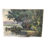 Oil on canvas of a pond edge