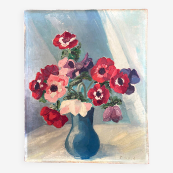 Tableau - bouquet de coquelicots dans son vase bleu