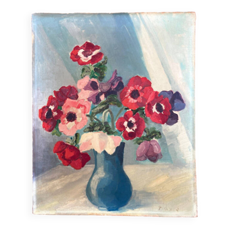 Tableau - bouquet de coquelicots dans son vase bleu