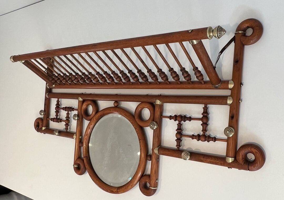 Curved Wooden and Brass Wall Coat Rack, Arts & Crafts, Austria, glass