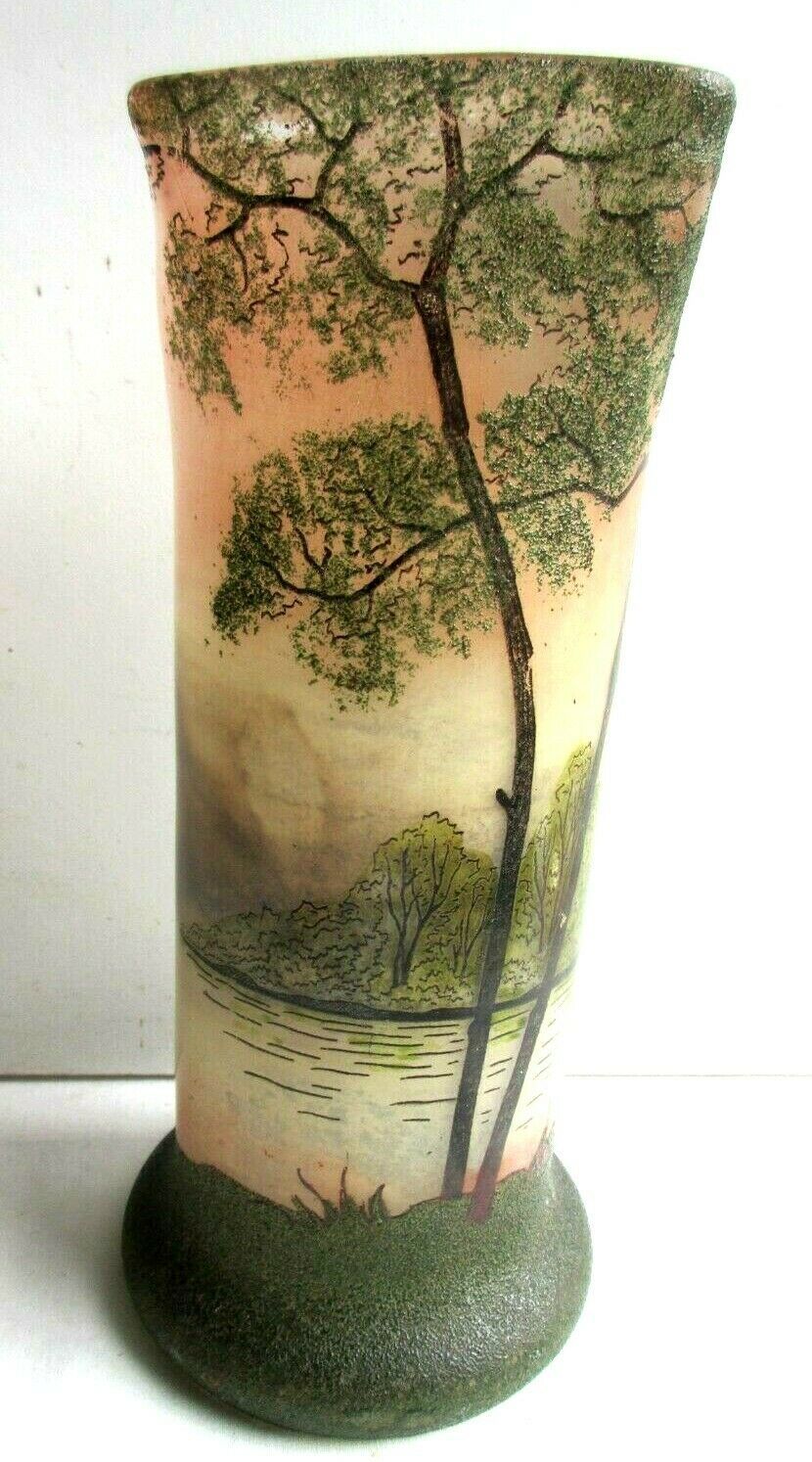 enamelled glass vase LEGRAS Lakescape, trees, Napoleon III boats