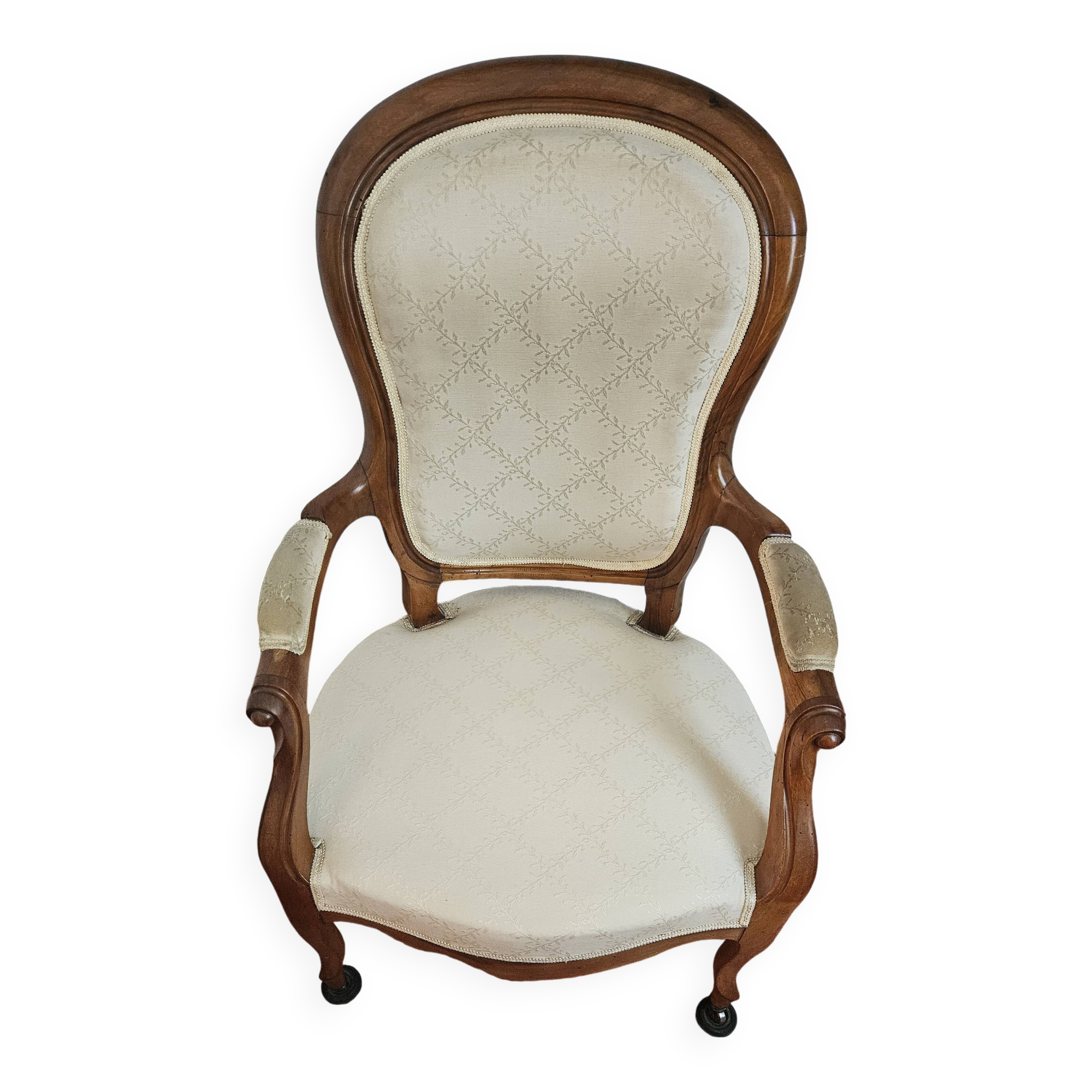 Louis Philippe armchair in walnut wood with white shield upholstery