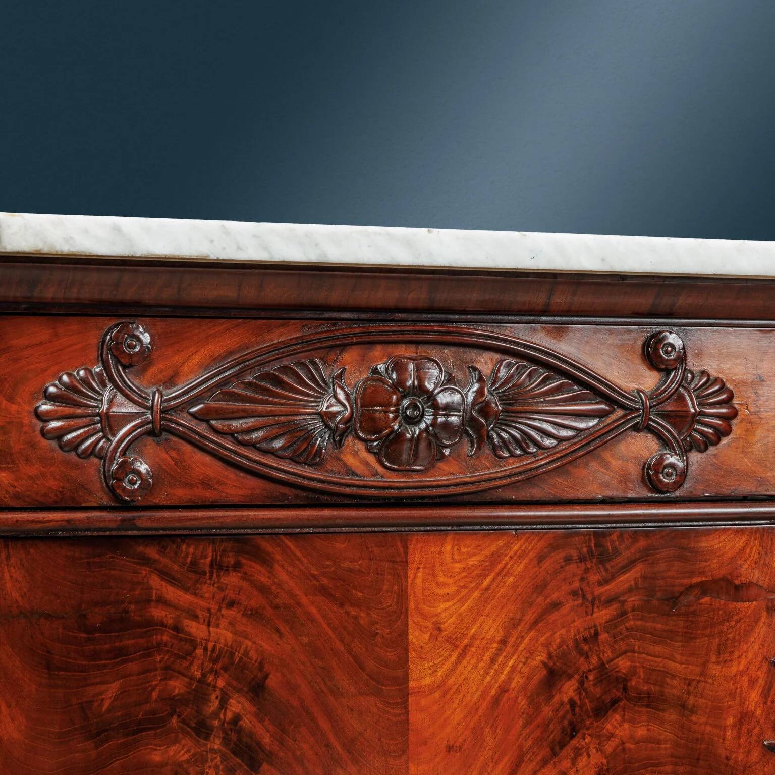 Restored antique buffets in chestnut, mahogany, and marble, 19th century.