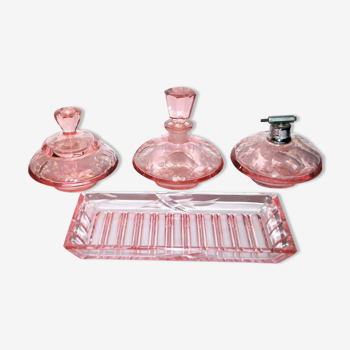Perfume bottle, box and spray in pink crystal - Vintage toiletries