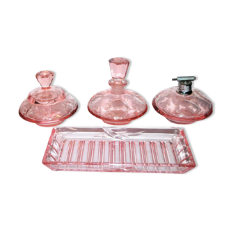 Flacon à parfum, boite et vaporisateur en cristal rose - Nécessaire de toilette vintage