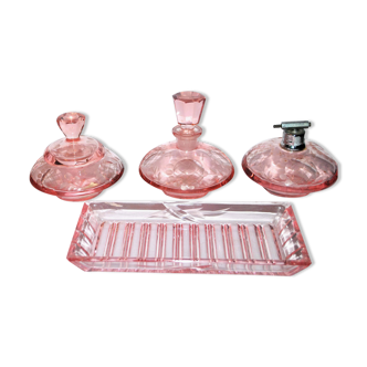 Perfume bottle, box and spray in pink crystal - Vintage toiletries