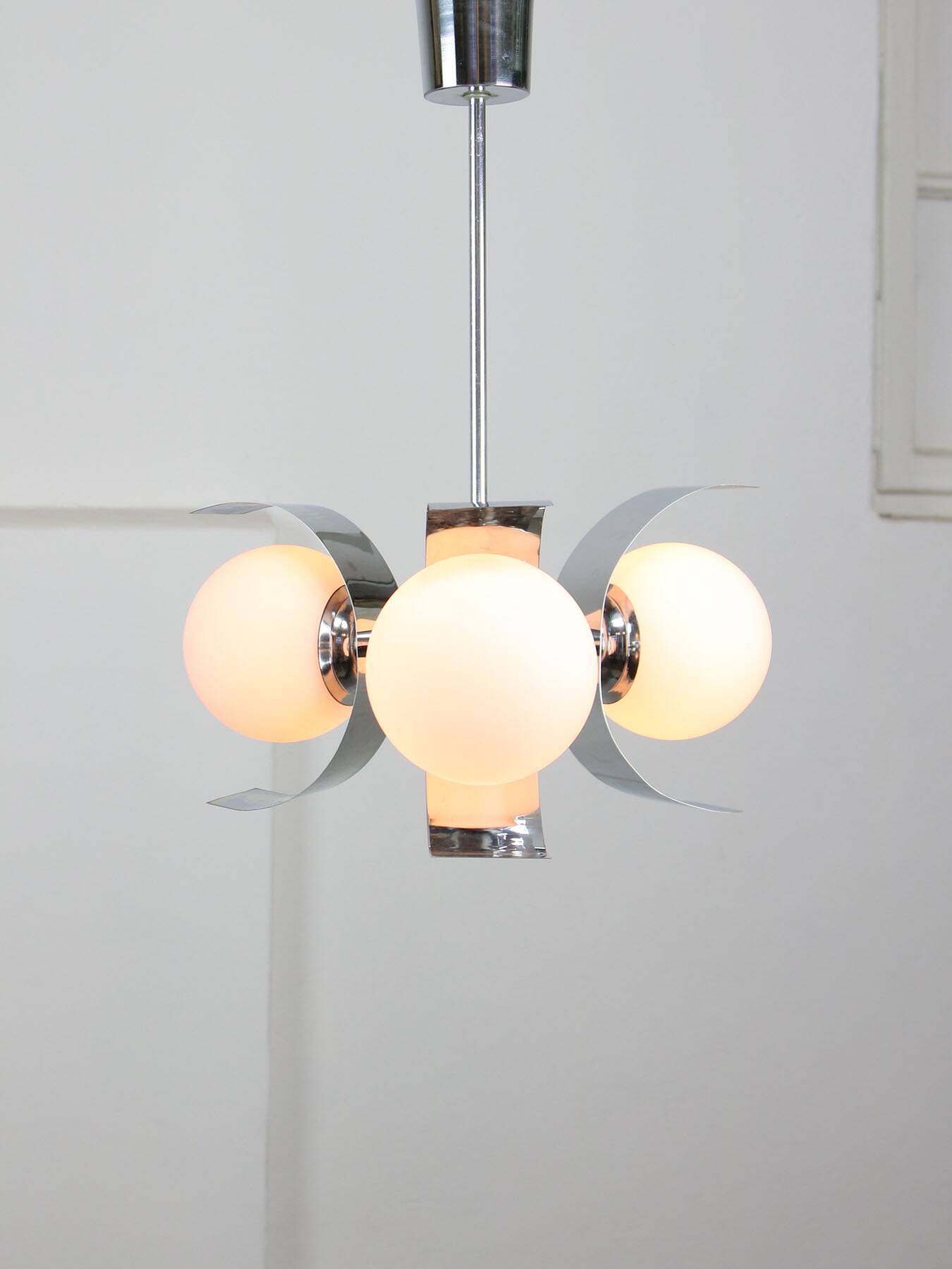 Vintage italian chrome and opaline chandelier, 70s