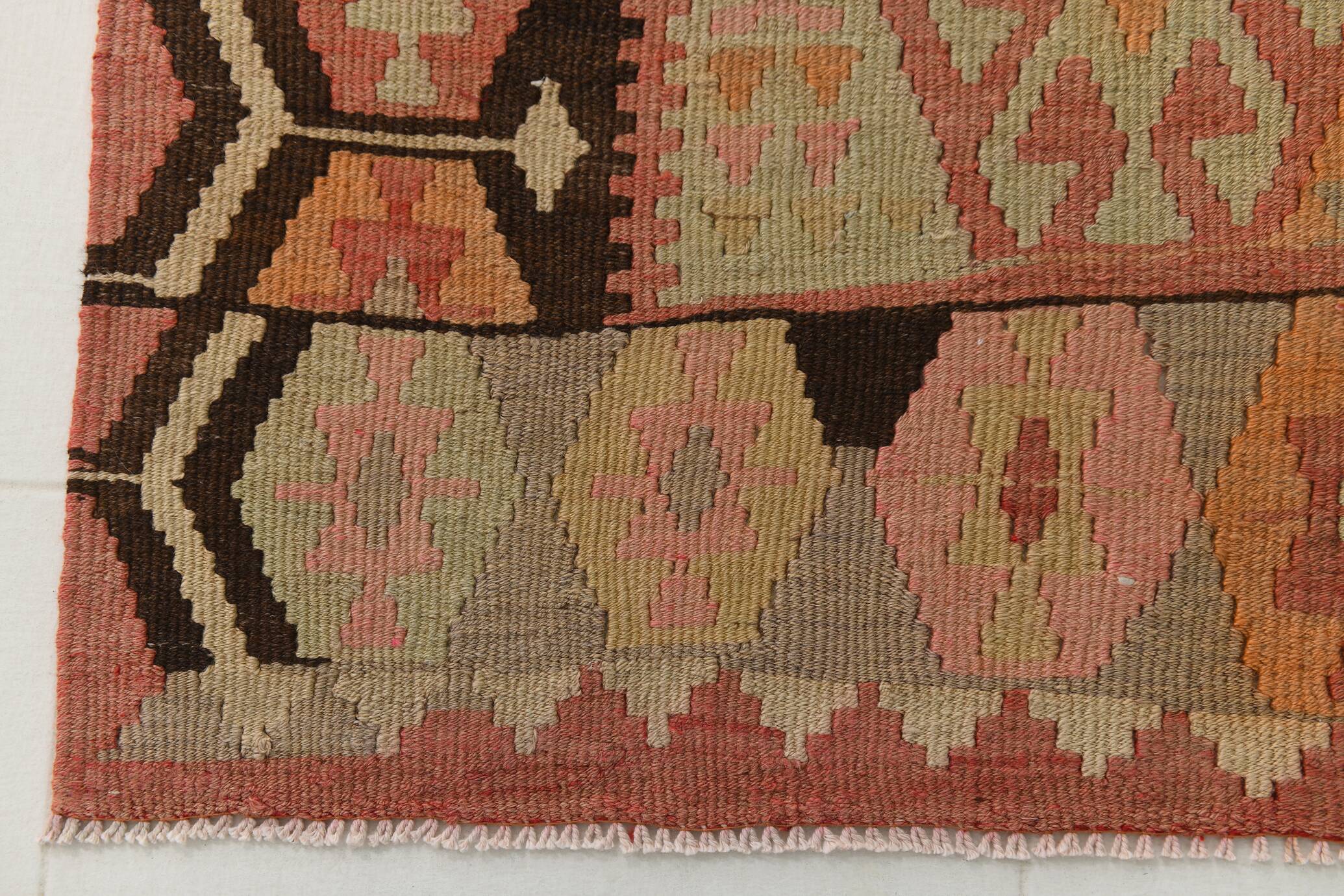 Turkish Vintage Kilim Rug: Shades Of Red Brown Handmade Wool Rug 160x417Cm