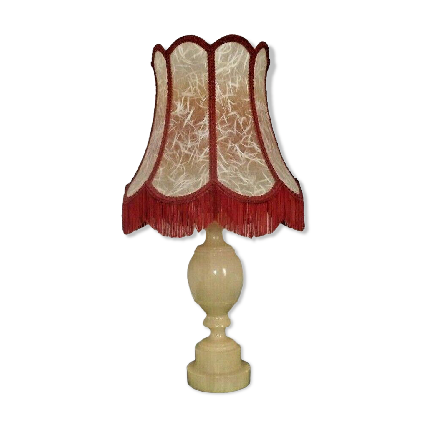 French vintage round marble table lamp with hide skin decorative shade