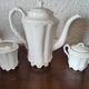 Limoges porcelain coffee maker in Haviland, white milk pot and sugar bowl decorated with leaves