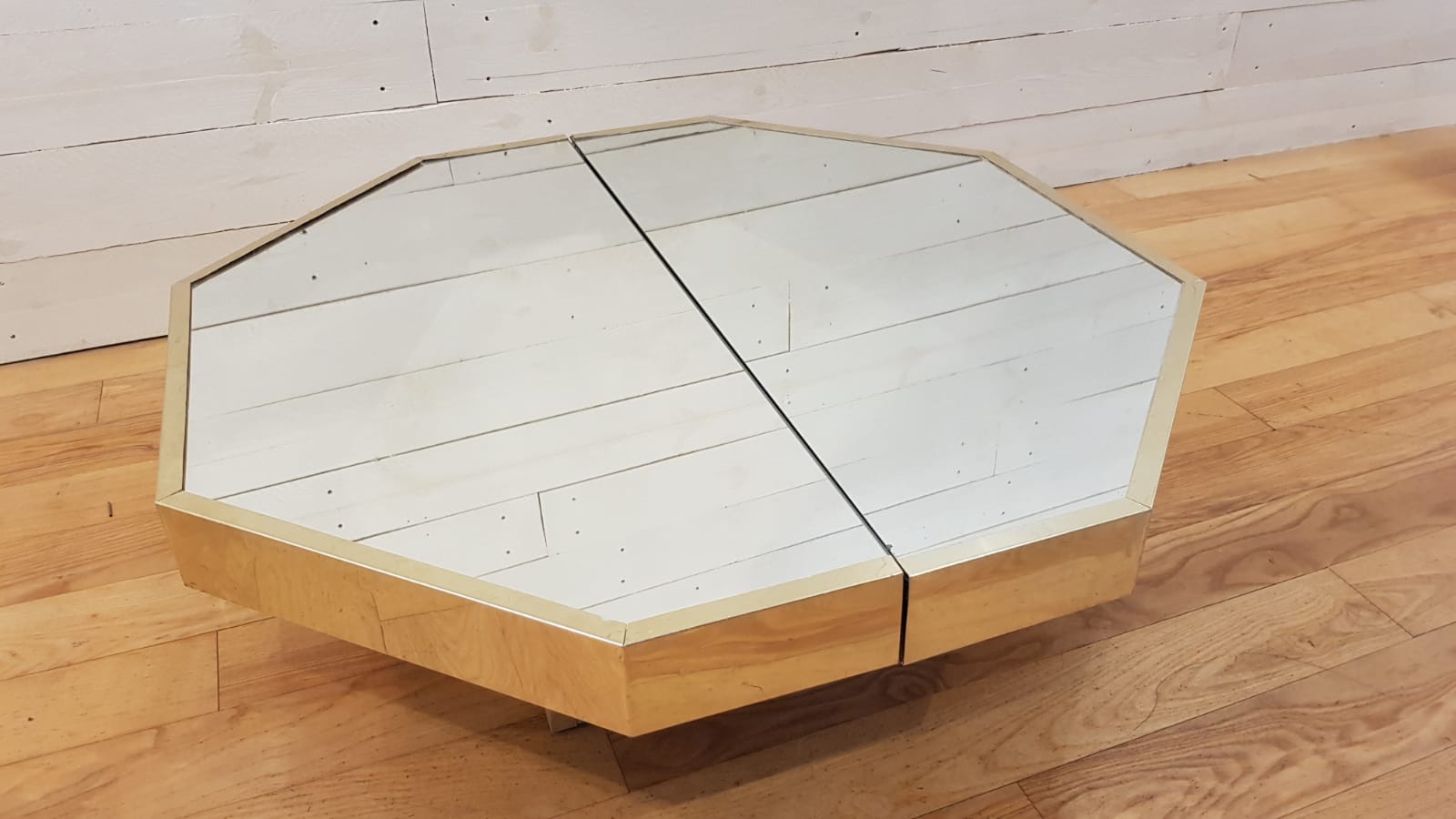 Low octagonal mirror and gold metal France 1970 bar table