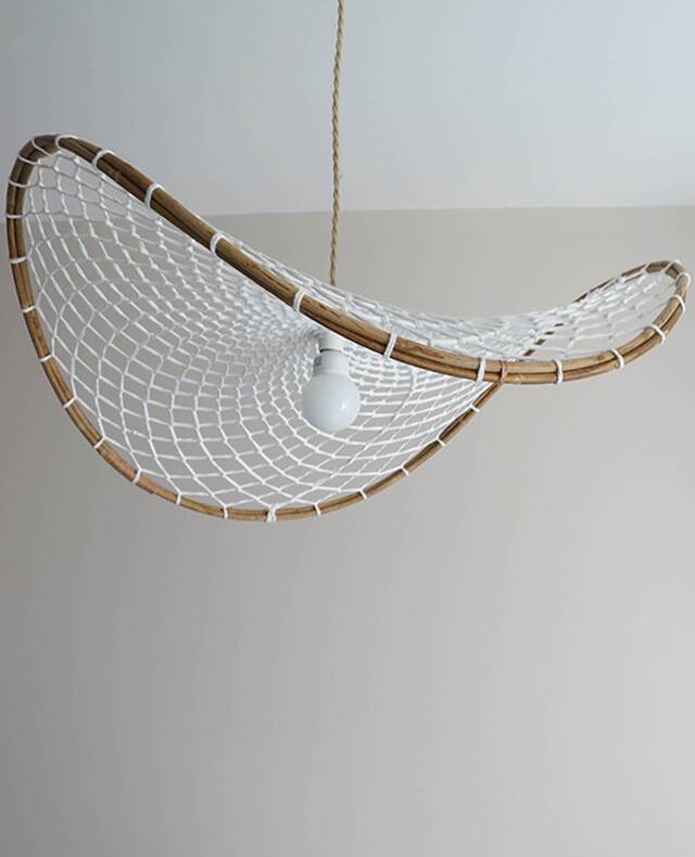 Curved rattan and rope pendant light