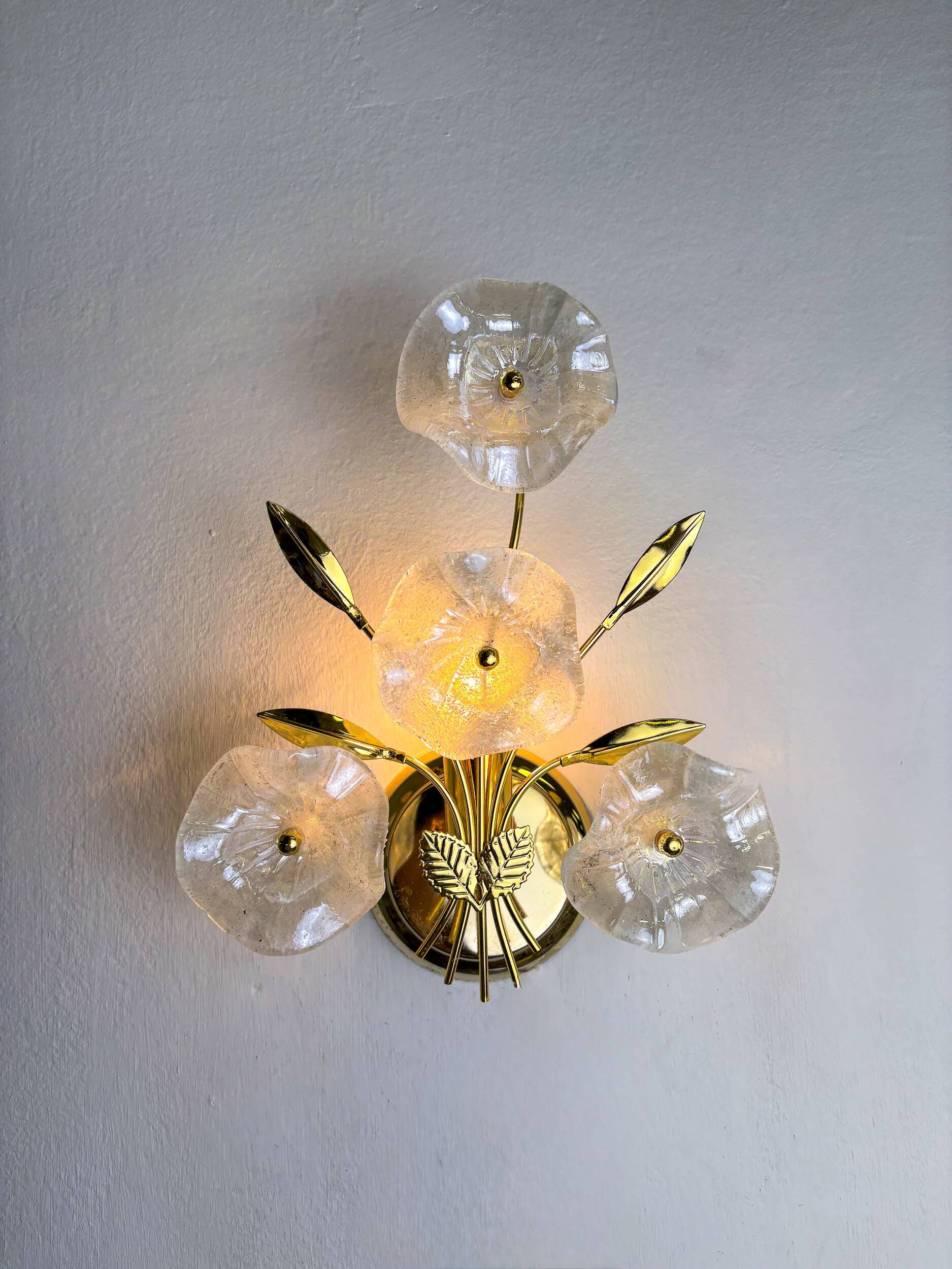 Pair of hibiscus floral sconces, frosted Murano glass, Italy, 1970s