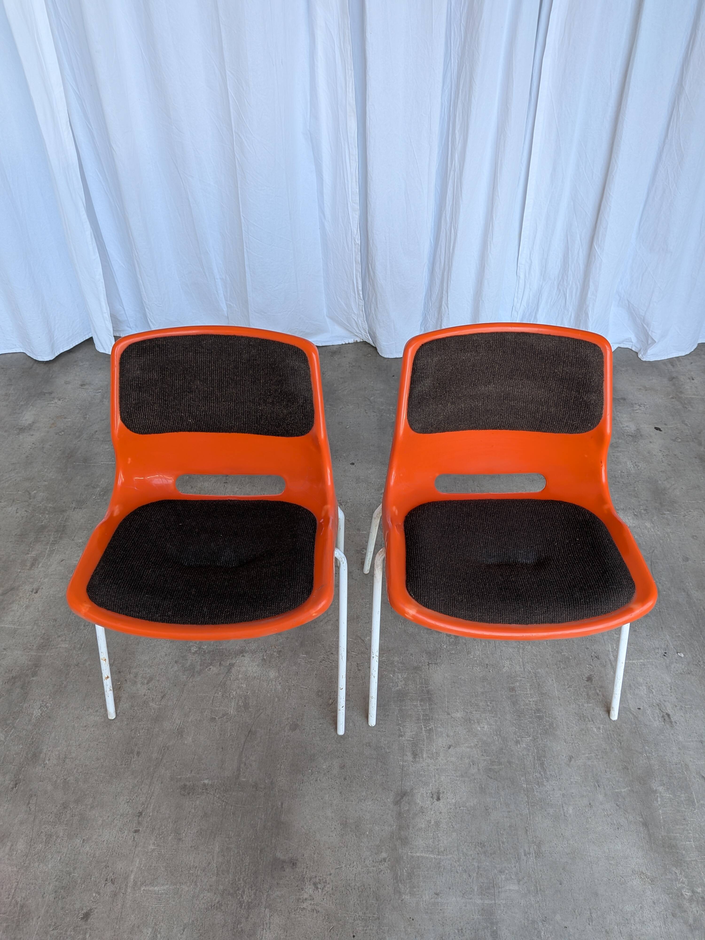 Vintage Overman Meblo Chairs: Orange & Brown Fabric, Stackable - Set of 2
