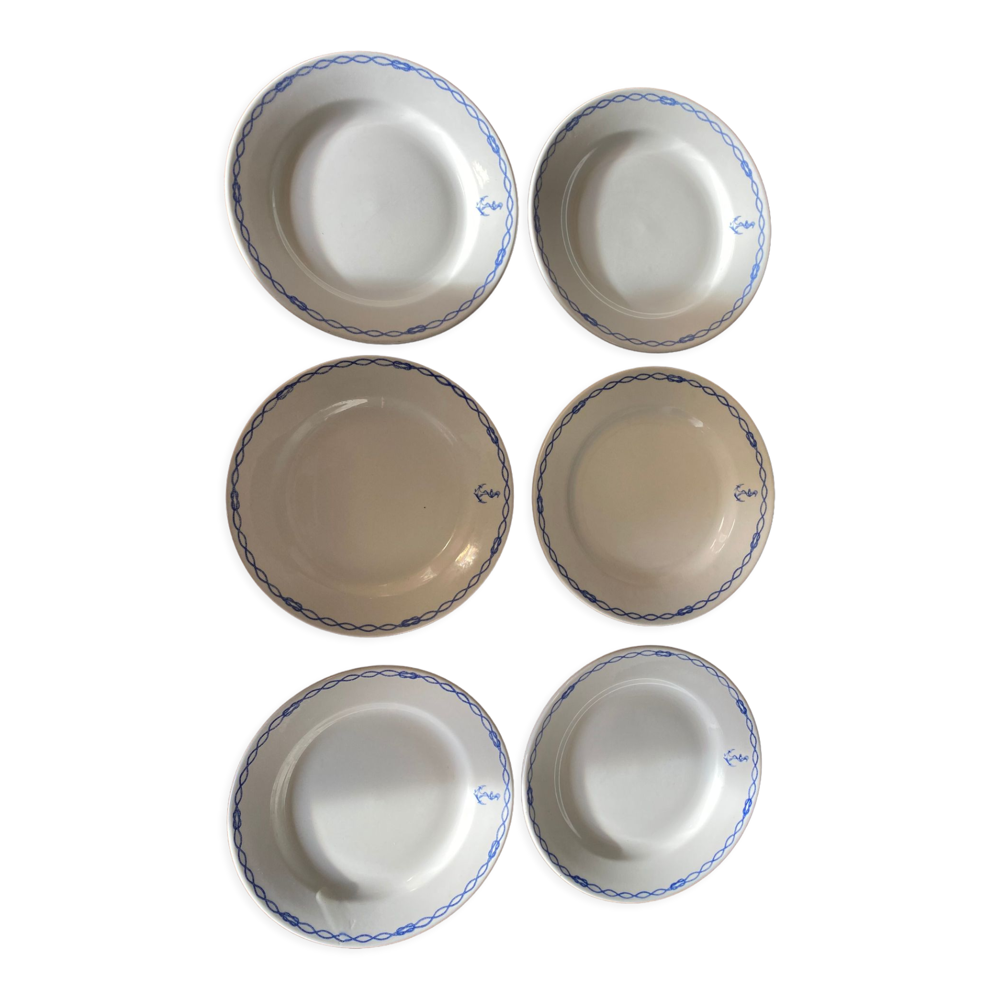 6 plates in Sarreguemines porcelain anchor and knots