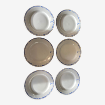 6 assiettes en porcelaine de Sarreguemines motif marin ancre et noeuds