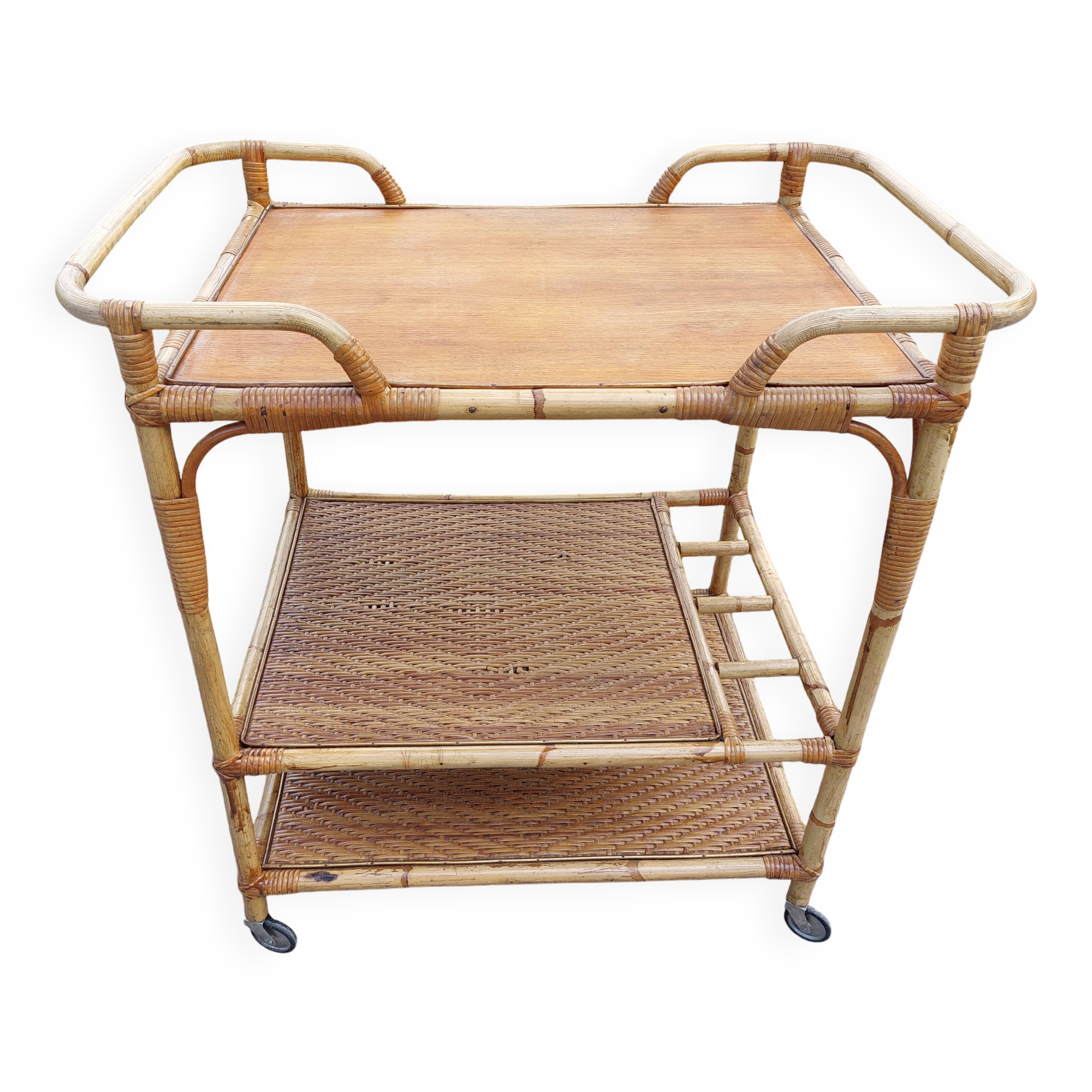 wheeled wicker dessert trolley, console, vintage