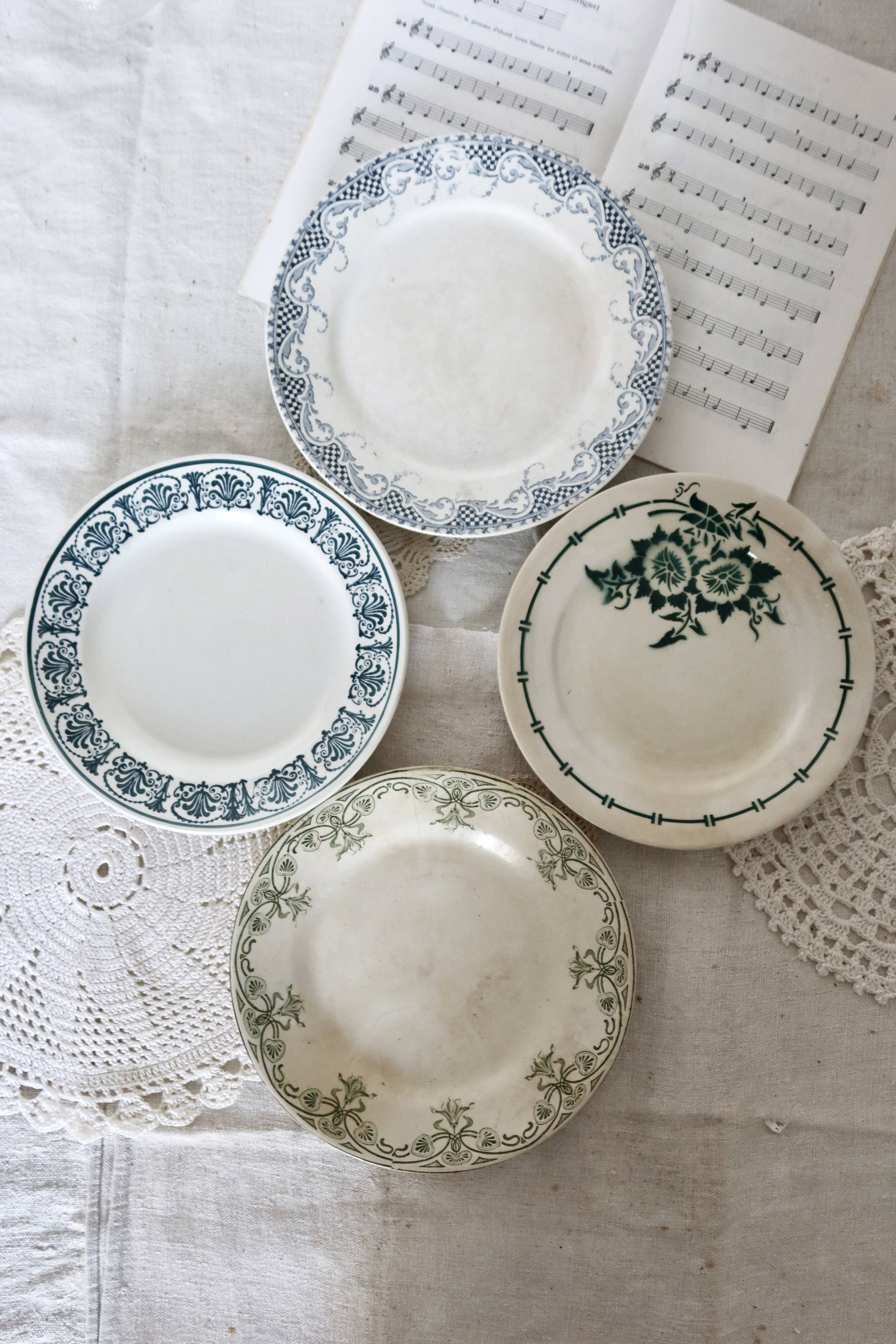 4 mismatched white and green ironstone dessert plates Arabesque set
