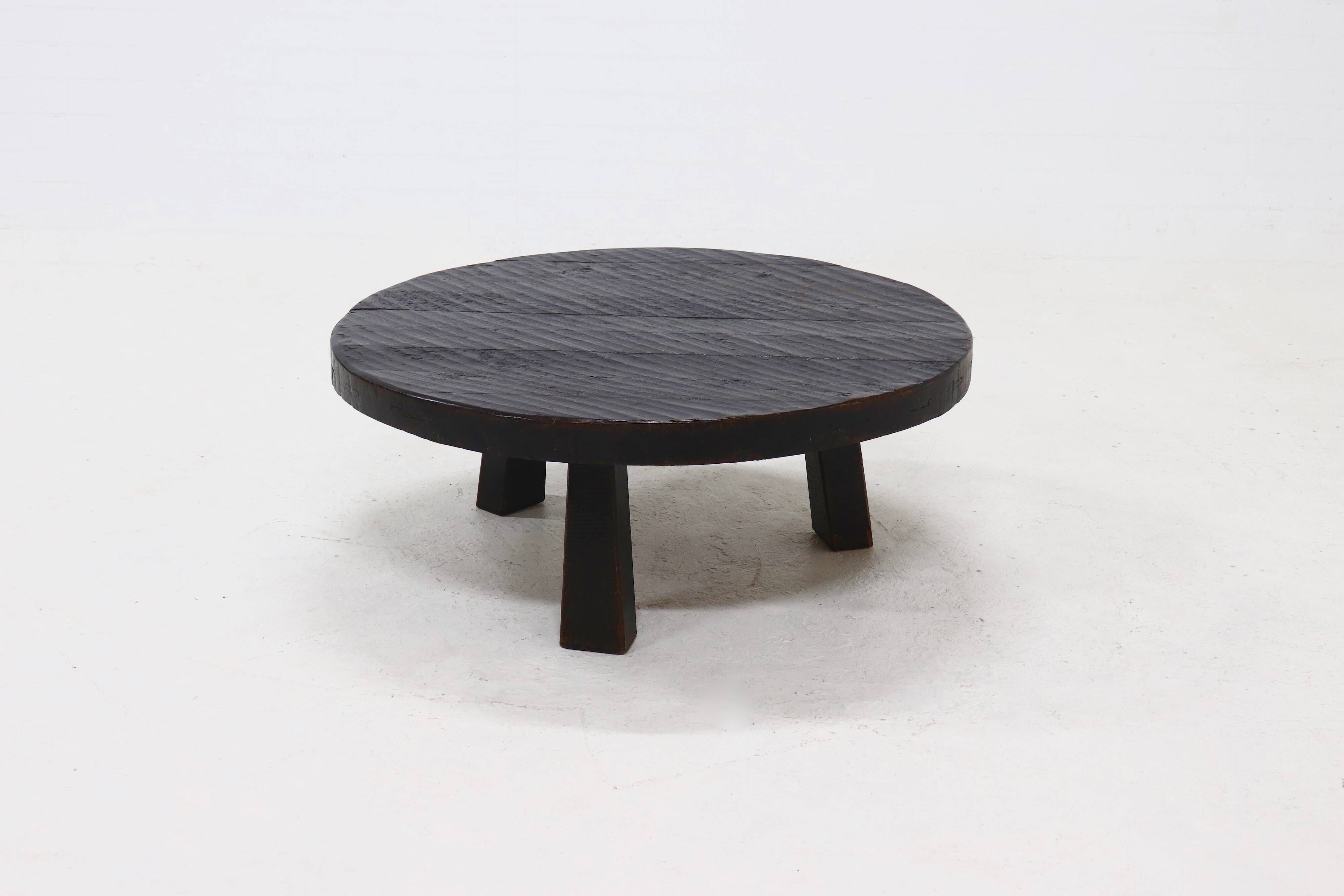 Brutalist Solid Stained Oak Round Tripod Coffee Table 1970s
