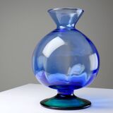 Petit vase globe à pied cristal vintage bicolore bleu et vert