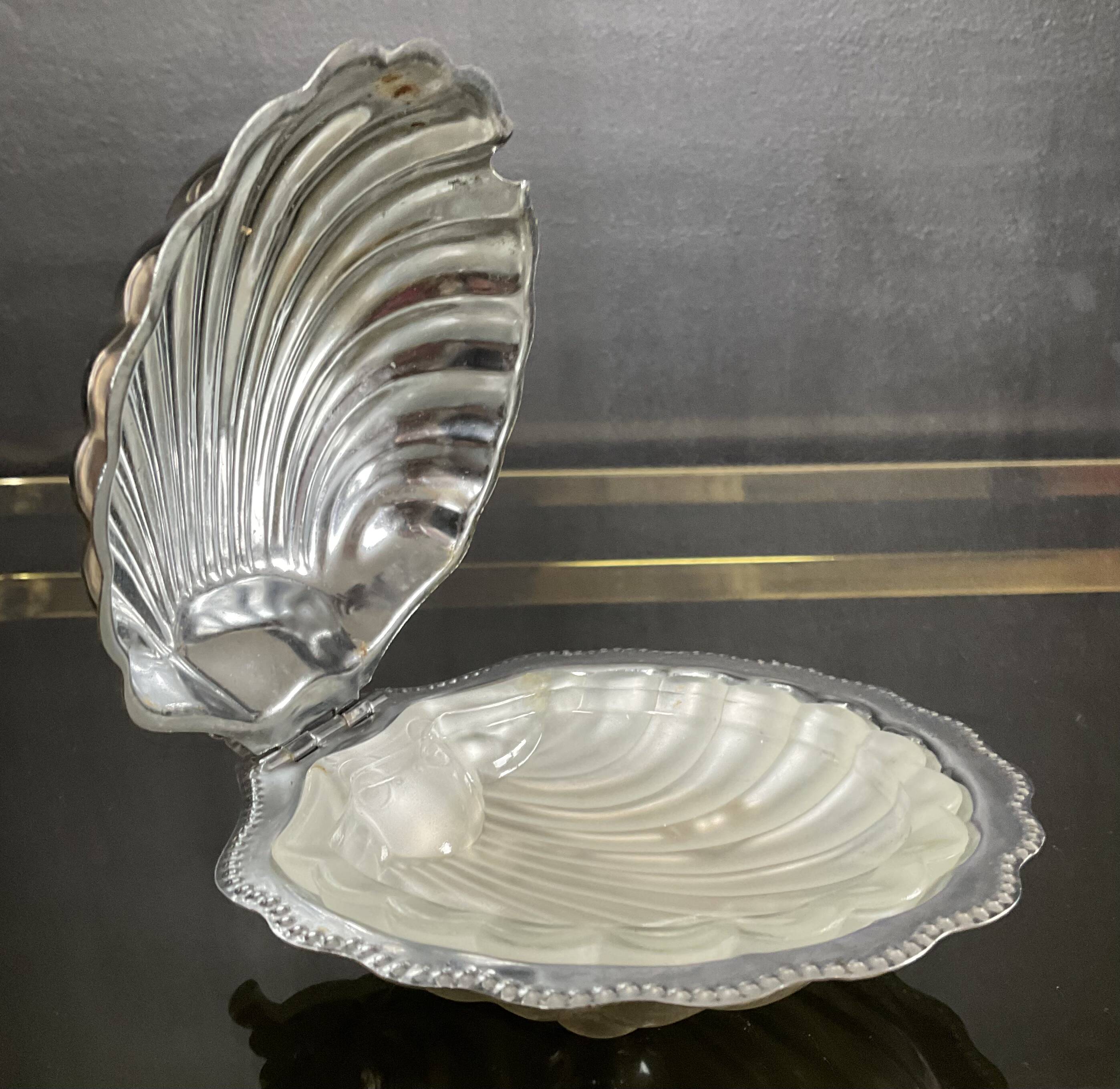 Vintage shell butter dish in glass and stainless steel