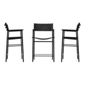 Set of 3 counter height stools with black leather backrest and black rubber metal.