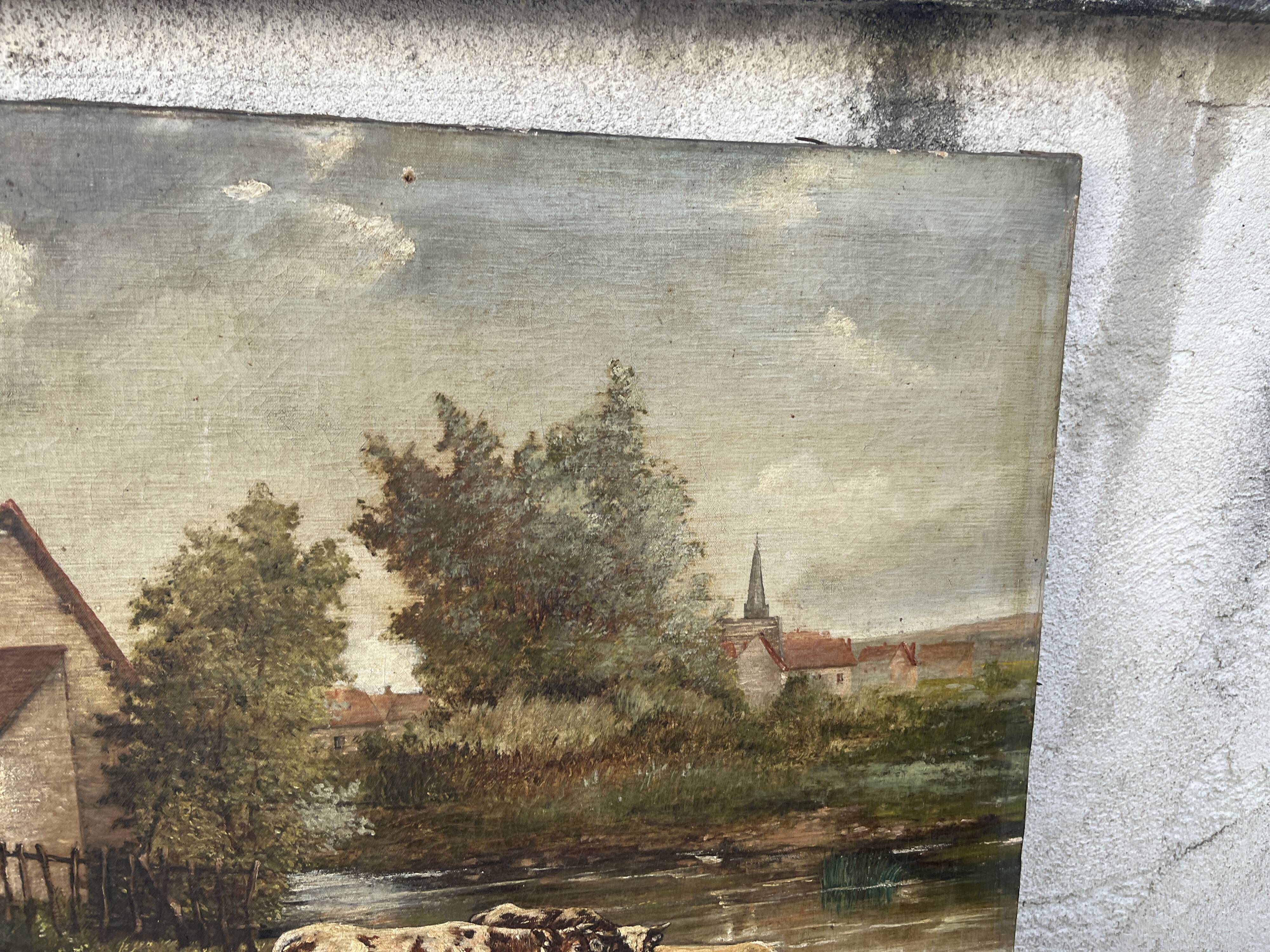 Old painting signed G. Thomas ? Cows at the watering place » (1906)