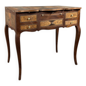 Coiffeuse En Marqueterie Style Louis XV, Table De Toilette À Miroir , XXe