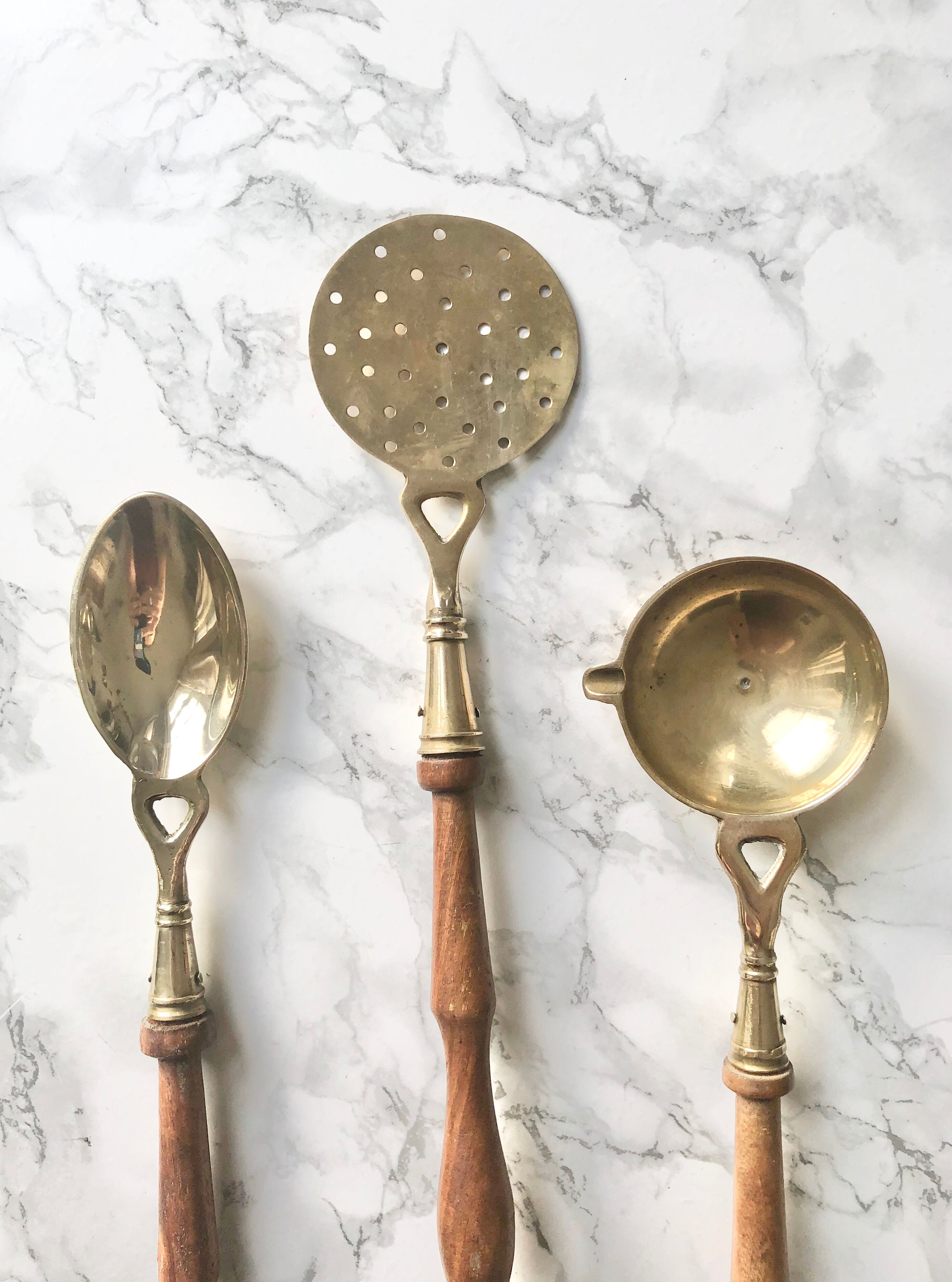 Set of 3 vintage wooden and brass kitchen utensils