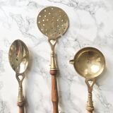 Set of 3 vintage wooden and brass kitchen utensils
