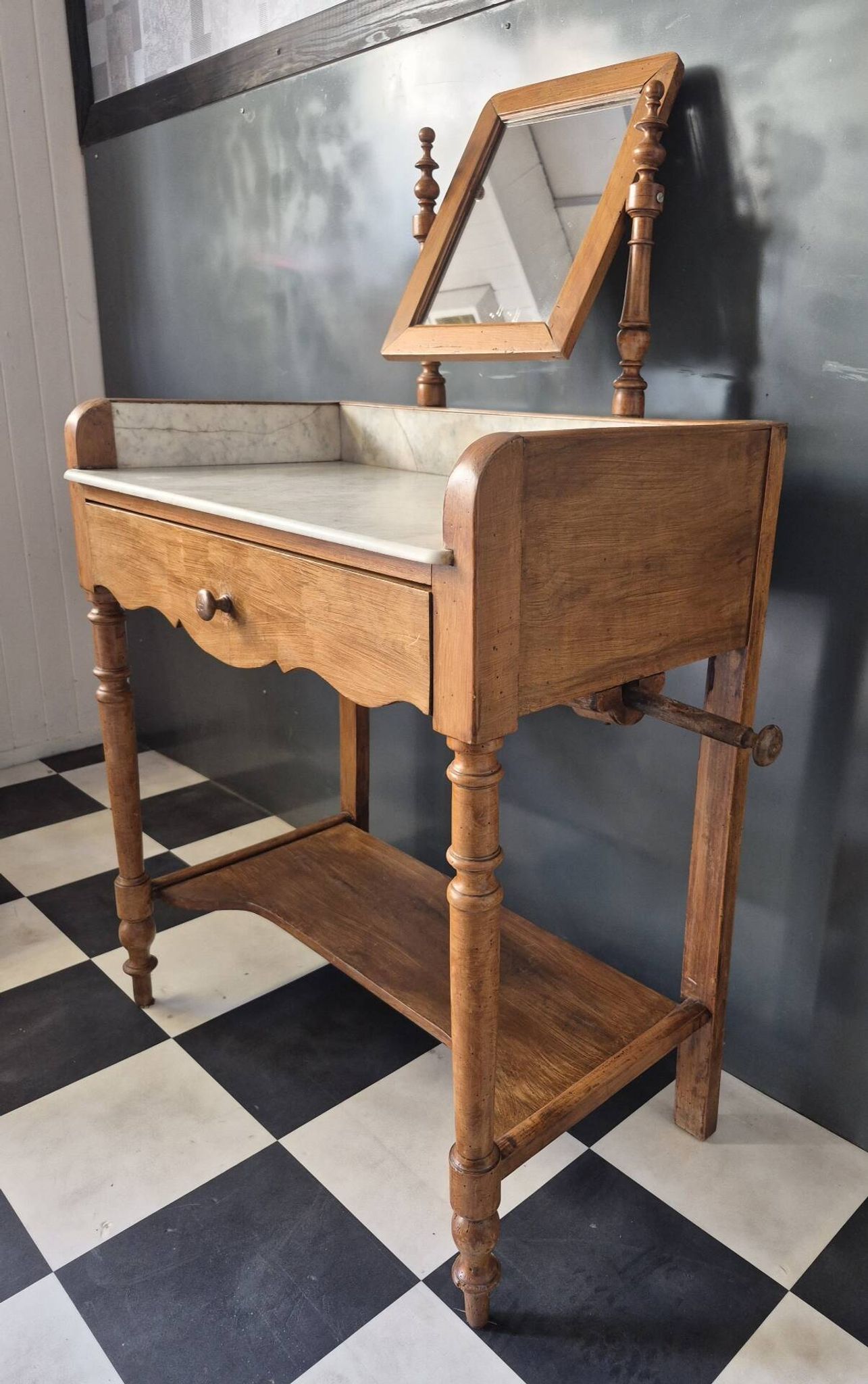 Antique dressing table with marble and solid wood with mirror.