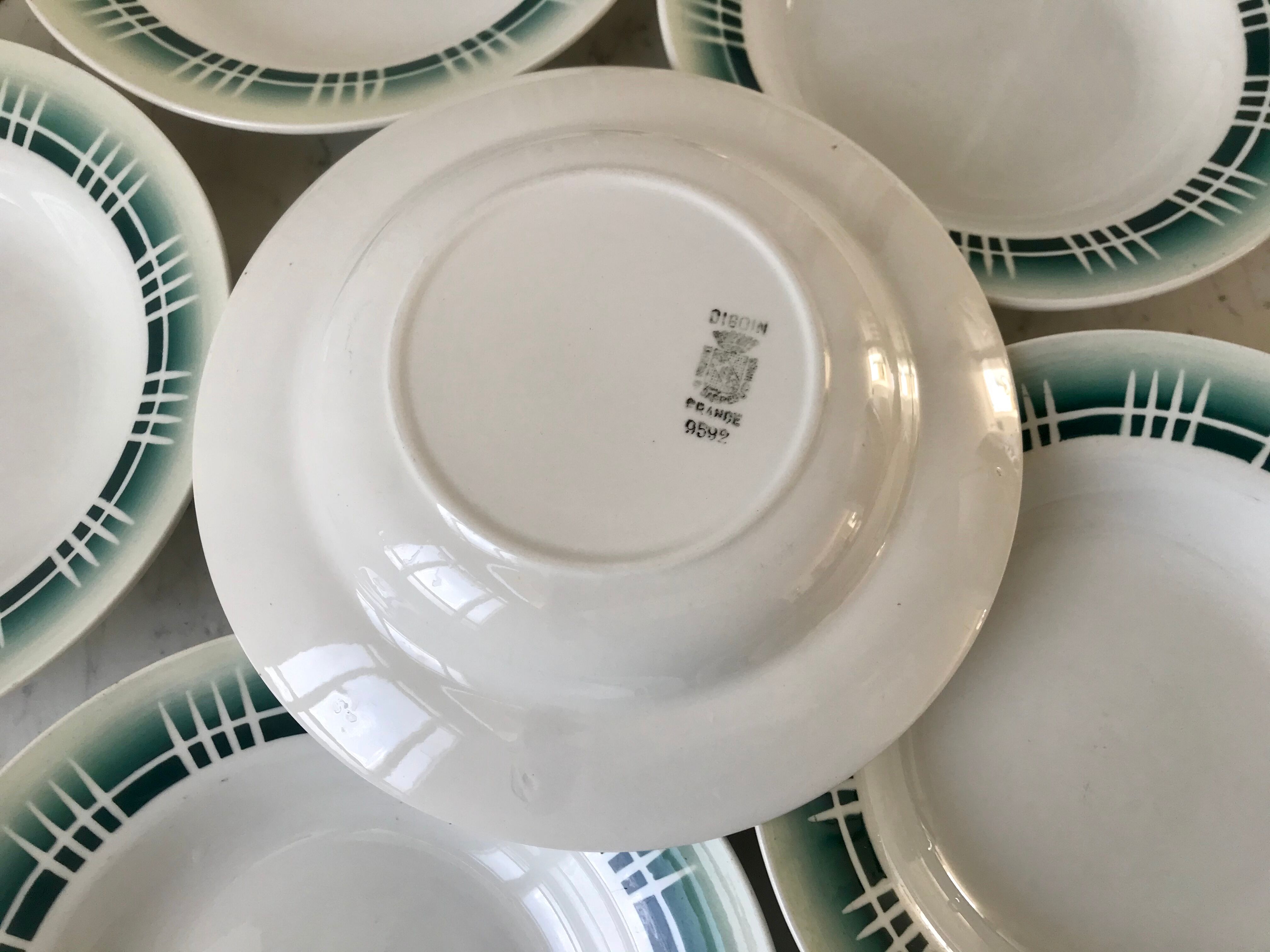 Set of 6 green hollow plates Digoin Sarreguemines 30s