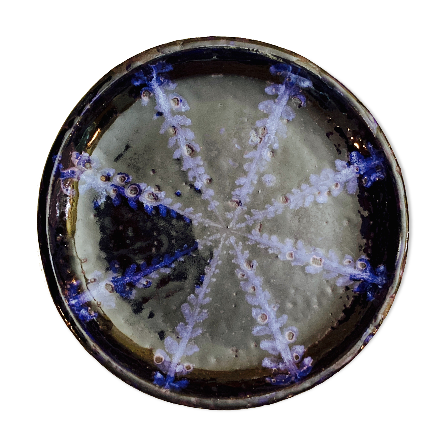 White terracotta dish enamelled with a blue sea urchin decoration